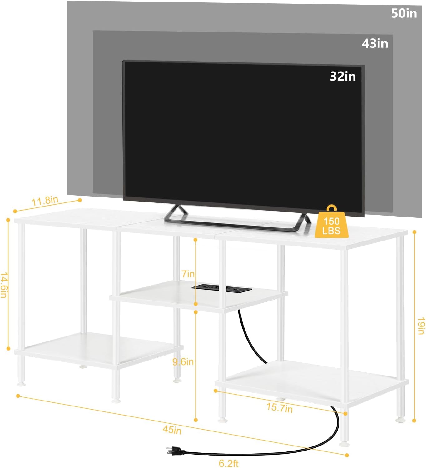 TV Stand for Bedroom up to 50 Inch Modern TV Stands with Power Outlets Small Entertainment Center with Storage 3 Tier TV Cabinet Console Table for Living Room Bedroom Office, White