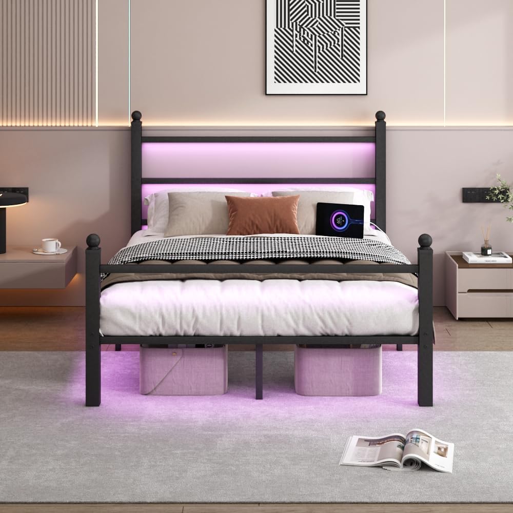 Queen Bed Frame with Headboard and Footboard,Steel Slats Support-LED Bed Frame with USB Charging Station,Mattress Foundation-Under Bed Storage,No Box Spring Needed,Noise Free,Black