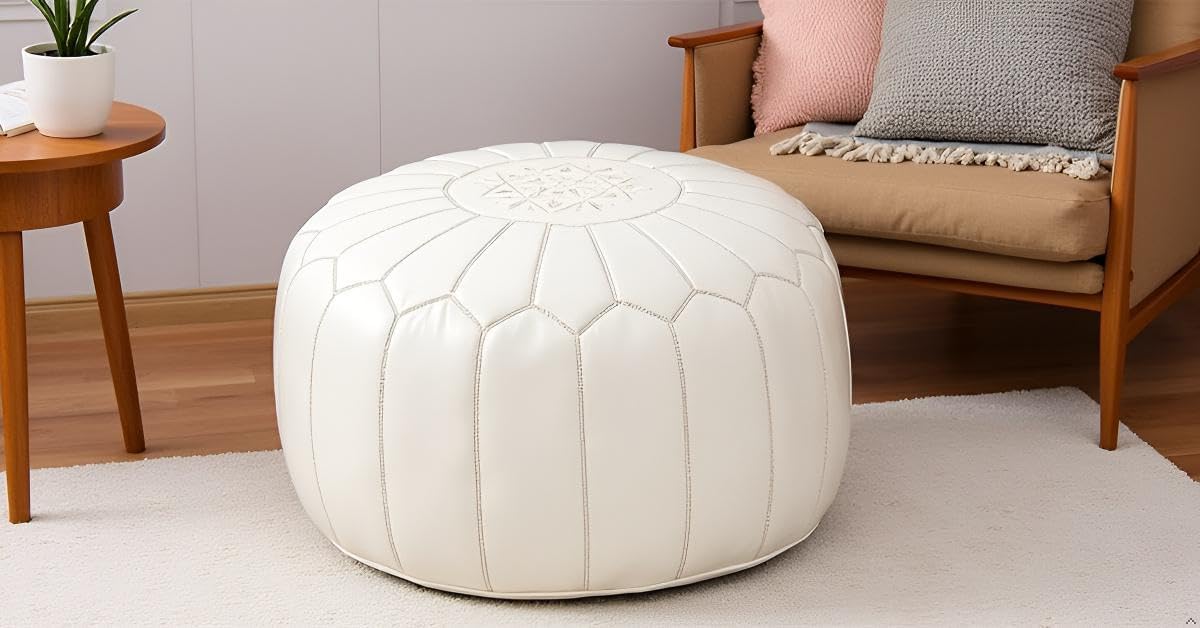 Stuffed Round Design Moroccan Leather Pouf Ottoman, Handmade, Pre-Filled, 100% Genuine Leather, 13” Height x 20” Diameter, Footstool & Living Room Décor (White)