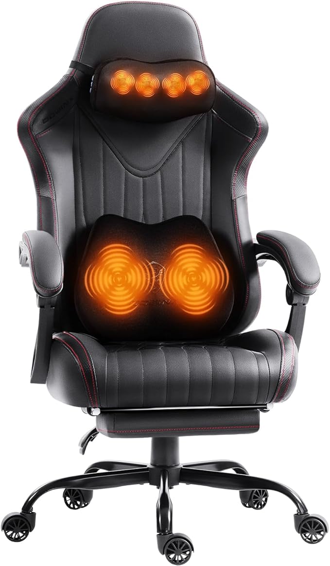 Dowinx Gaming Video Gaming Chair with Shiatsu Neck Massage and Lumbar Support for Home Office High Back Recliner Height Adjustable Ergonomic Comfy Leather Computer Desk Chair (Black)