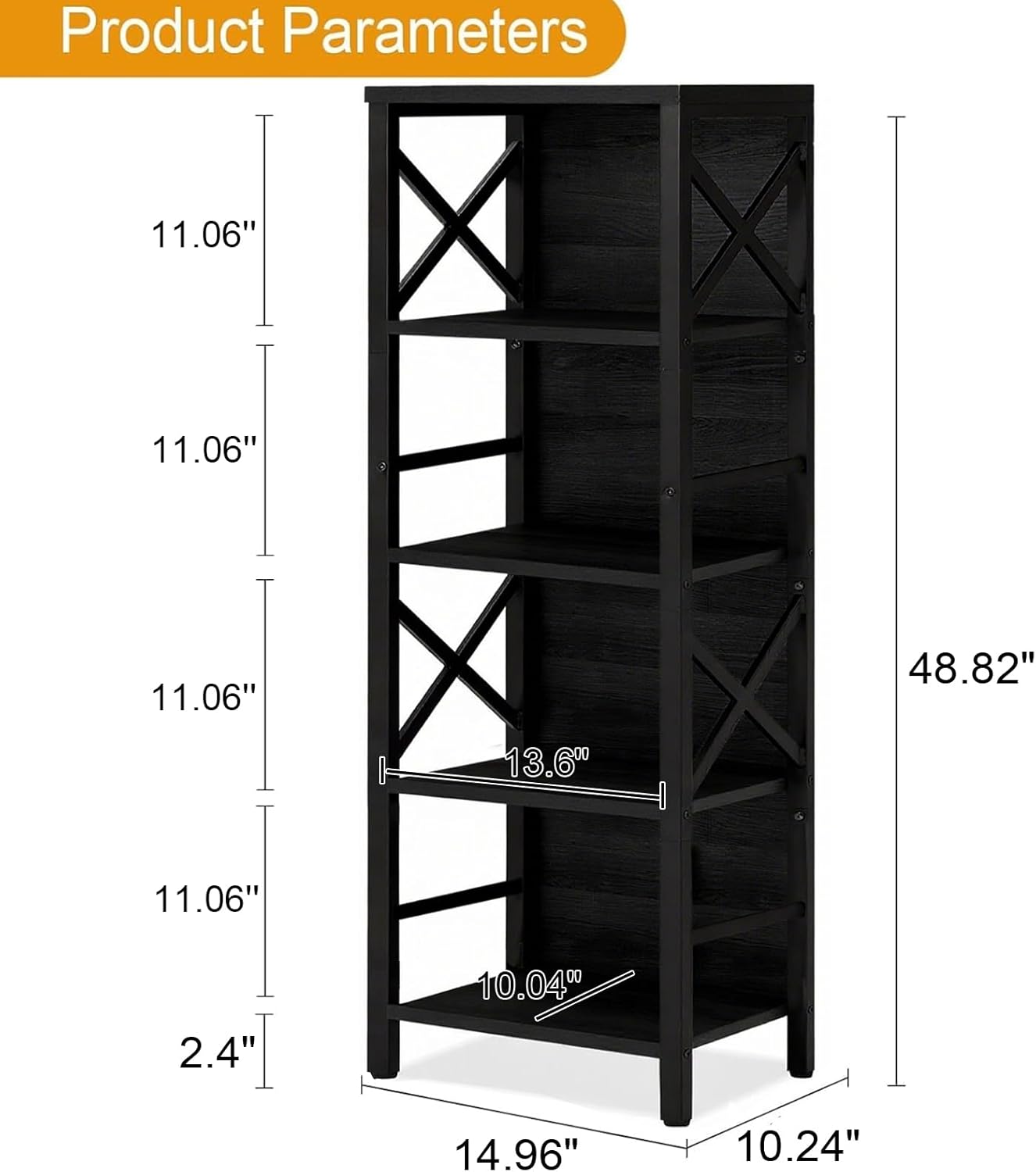 Small Bookshelf,5 Tier Industrial Bookcase with Metal Frame and Backboard,Narrow Black Book Shelf,Office Book case for Small Spaces,Living Room,Bedroom and Home Office