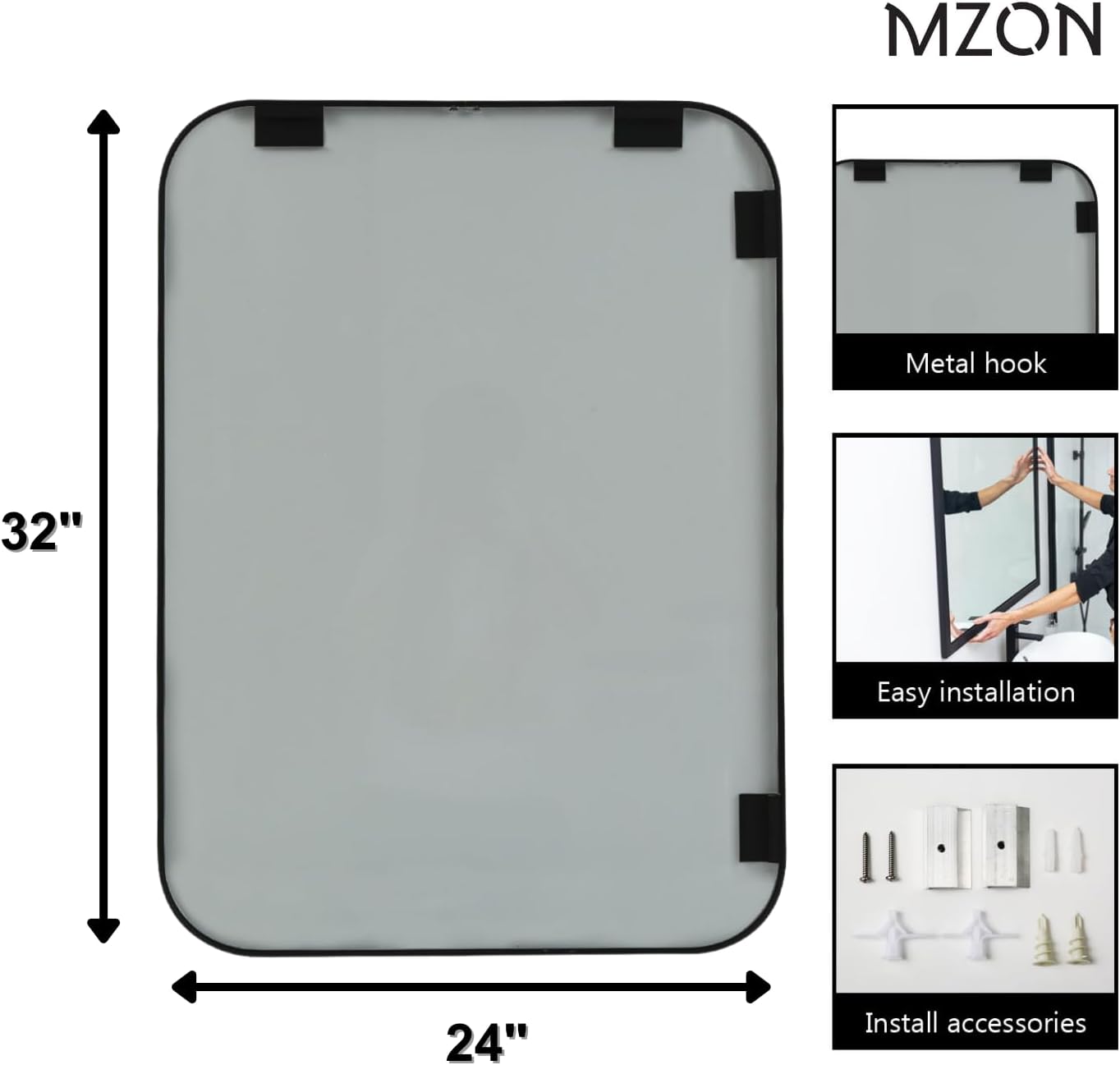 MZON 24x32 Inch Matte Black Bathroom Mirror, Rectangle Wall Mirror for Bathroom, Anti-Rust Frame & Tempered Glass, Hangs Horizontally/Vertically - Farmhouse, or Modern Bathroom Decor