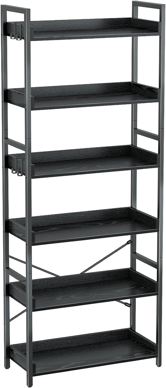 Rolanstar Bookshelf 6 Tier with 4 Hooks, Industrial Bookcase, Vintage Storage Rack with Open Shelves, Rustic Standing Bookshelves Metal Frame Display Rack for Living Room, Bedroom, Black