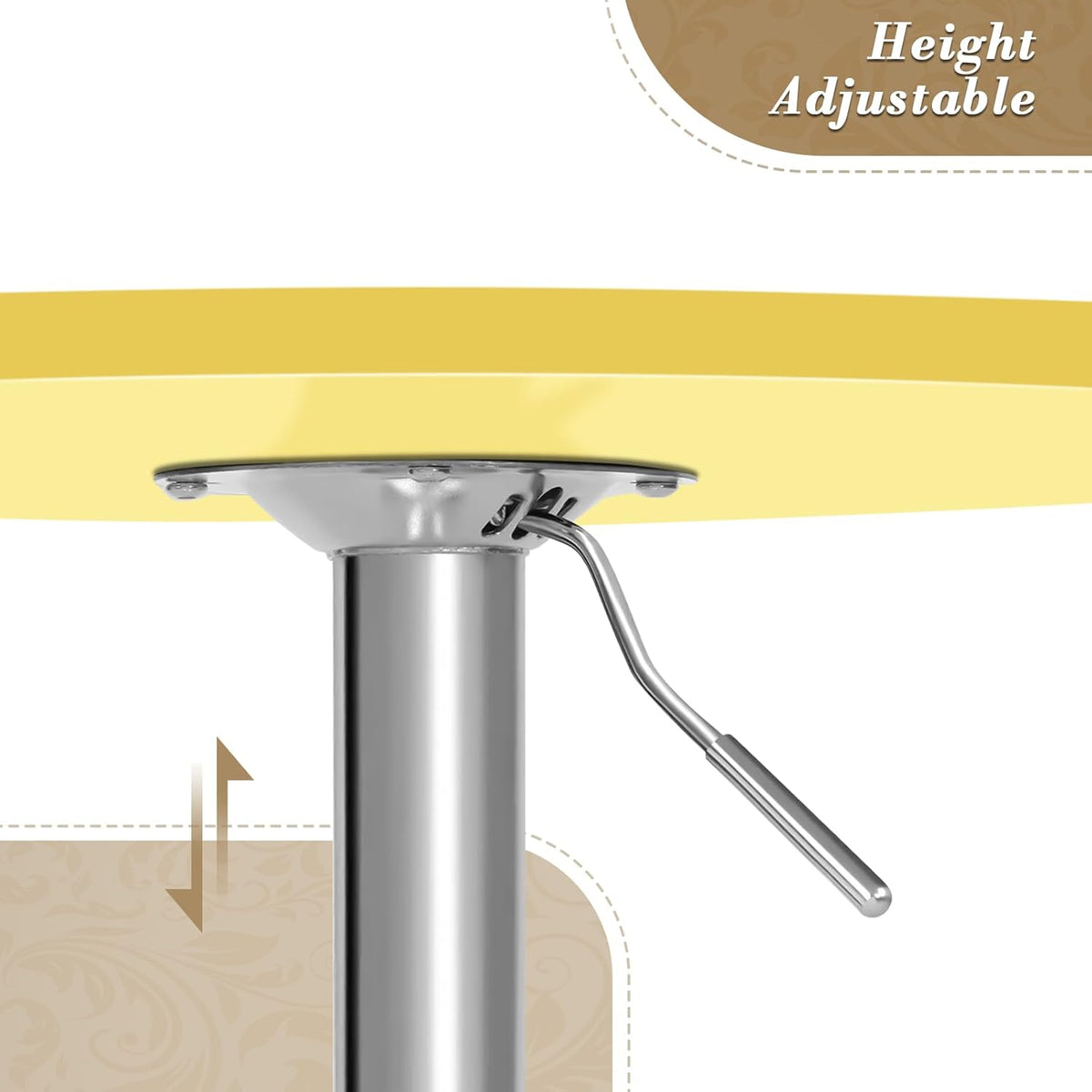 Athena Collection Bar Table with Swivel Top, Round Bistro Pub Bar Height Cocktail Table with Height Adjustable top and Metal Silver Base for Home Outdoor Party Event, Yellow