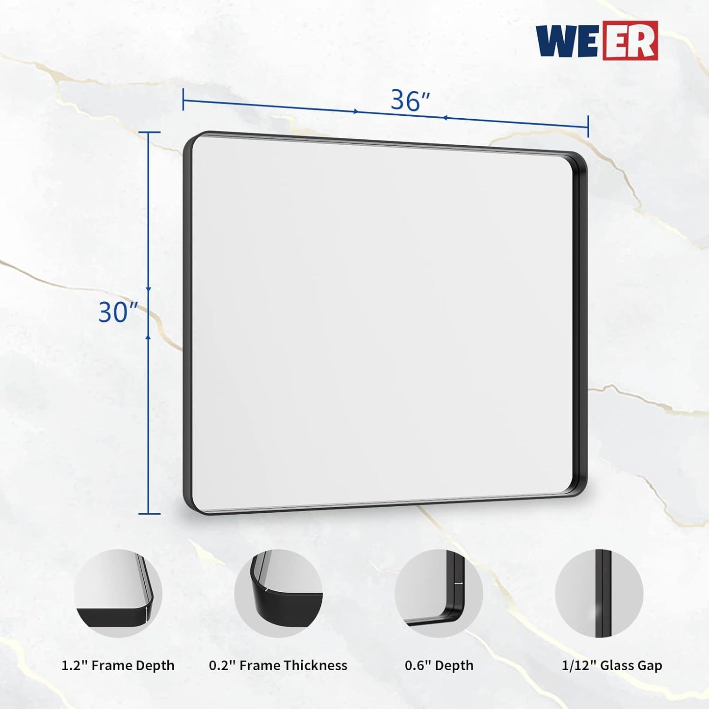 WEER 36X30 Inch Black Metal Framed Bathroom Mirror, Matte Black Bathroom Vanity Mirror, Rectangular Black Wall Mirror for Bathroom, Tempered Glass, Rounded Corner, Hangs Horizontal or Vertical