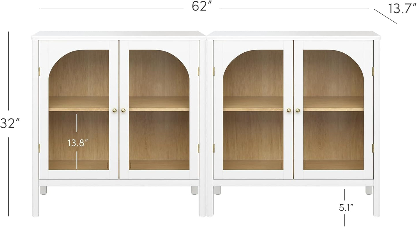 Nathan James Mason Wood Storage Cabinet Accent Sideboard Buffet Credenza TV Stand with Glass Doors and Adjustable Shelf for Dining Room, Entryway or Living Room, Clear Glass/White/Light Oak, Set of 2