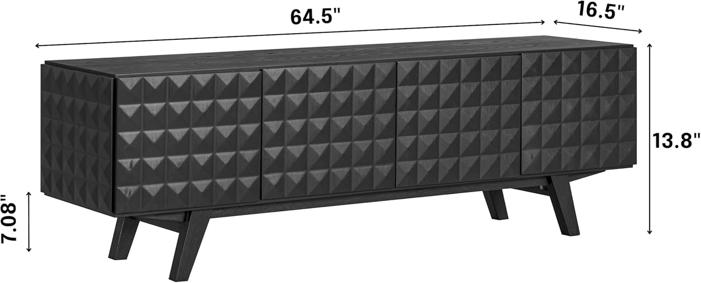 NTC Sapa Mid-Century Modern Solid Wood TV Stand 4-Door Media Console with Carved Geometric Fronts for TVs up to 75", Effortless Assembly, Burnt Black