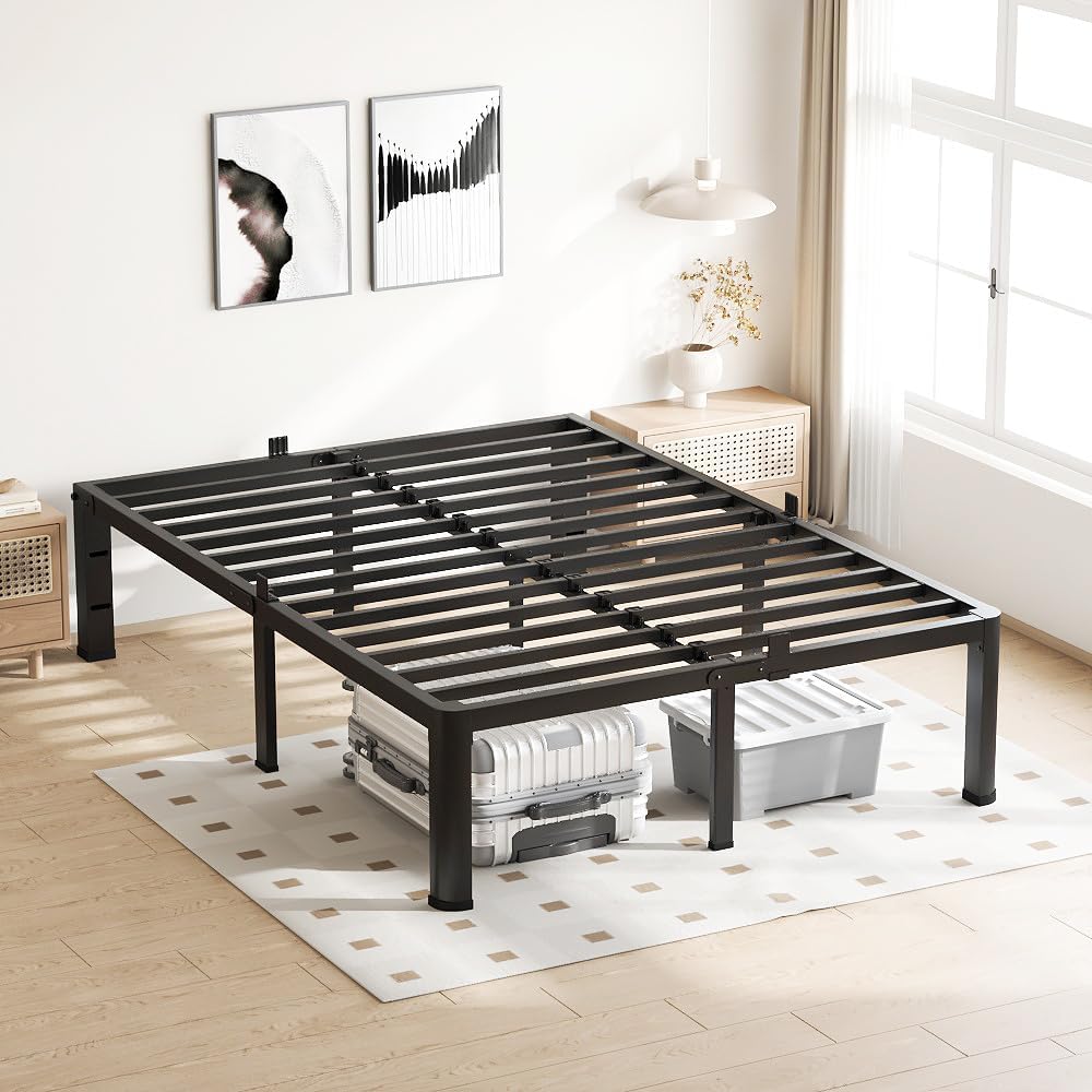 18 Inch Queen Bed Frame, 3500Lbs Heavy Duty Metal Platform with Round Corner Legs Mattress Slide Stopper, Steel Slat Support No Box Spring Needed, Noise Free, Non-Slip, Easy Assembly
