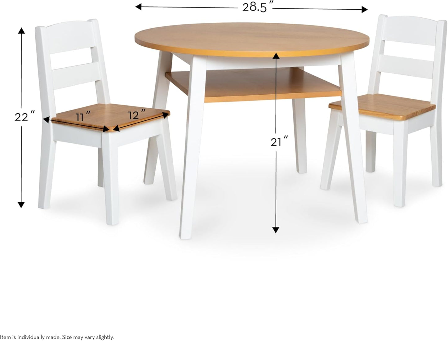 Melissa & Doug Wooden Round Table and 2 Chairs Set – Kids Furniture for Playroom, Light Woodgrain and White 2-Tone Finish Two-Tone Round Wooden Toddler And Kids Table And Chairs Activity Furniture Set