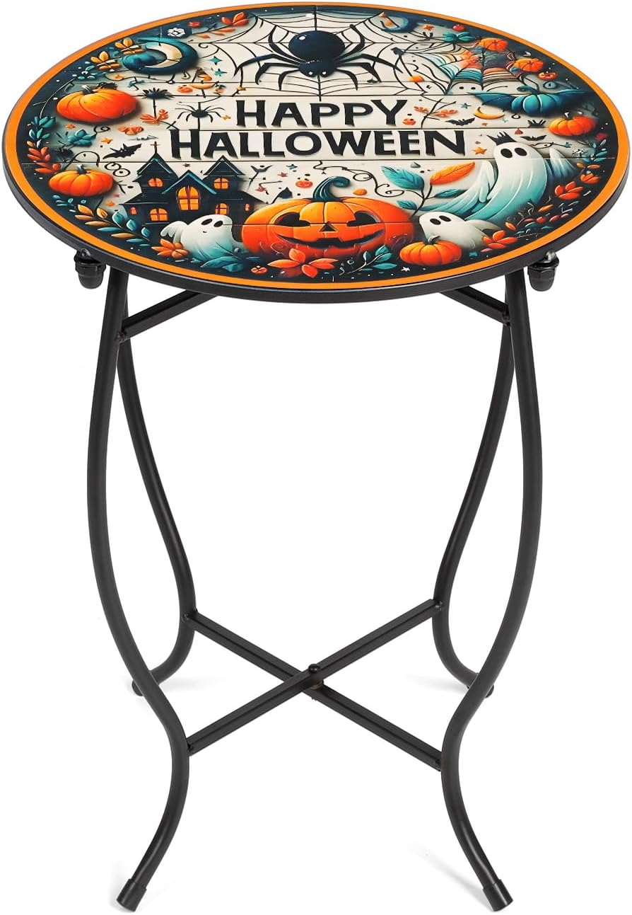 Round Side Table, Indoor Outdoor Small Side Table, Weather Resistant Metal Table for Livingroom Patio Balcony Yard Porch Garden, 17 Inch Heigh Patio Accent Table Plant Stand