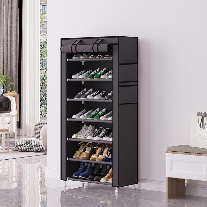 Calmootey 7 Tier Shoe Rack Organizer,Portable Shoe Shelf with Nonwoven Fabric Cover for Closet Hallway,Bedroom,Entryway,Grey