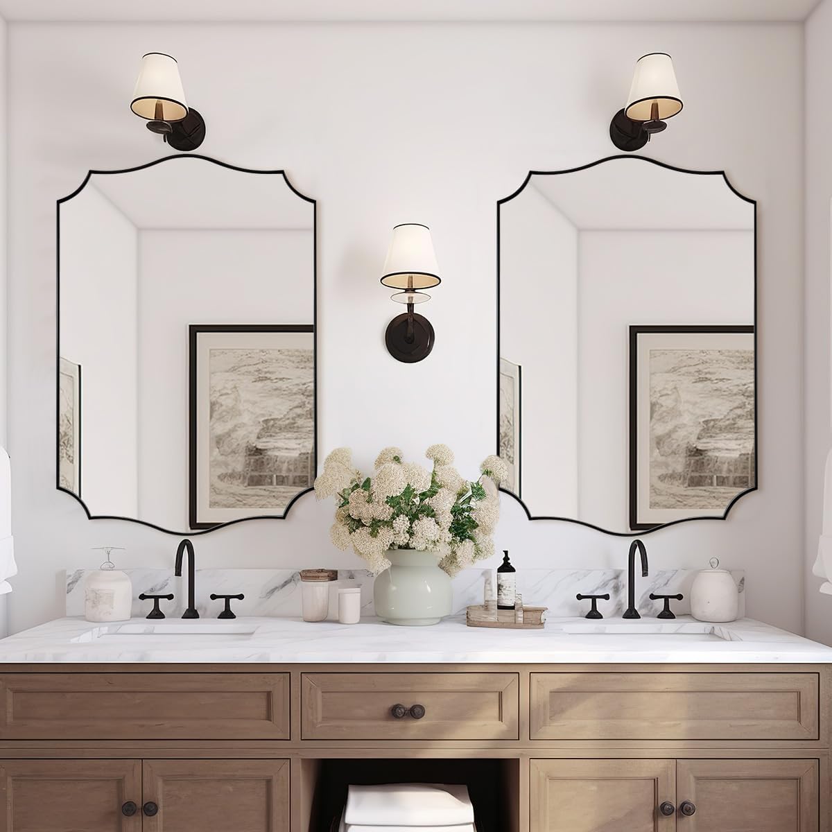 ANDY STAR Matte Black Mirror, 24x36 Inch Scalloped Bathroom Mirror, Unique Wavy Rectangle Mirror in Stainless Steel Metal 1” Frame, Wall Mount Vertical or Horizontal