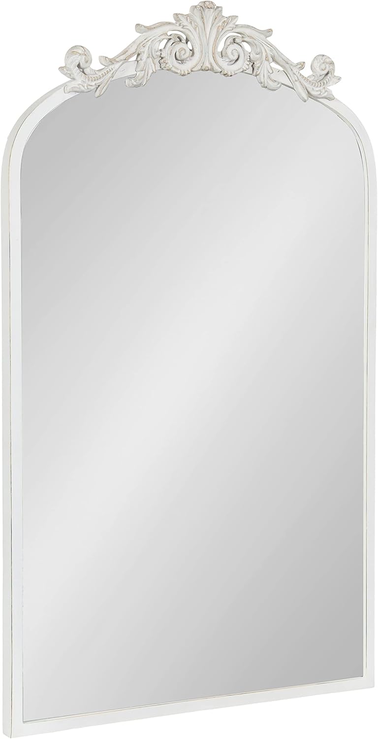 Kate and Laurel Arendahl Traditional Arch Wall Mirror; 19 x 31; Antique White; Vintage Glam Baroque-Inspired Arched Bathroom Vanity Mirror with Ornate Crown