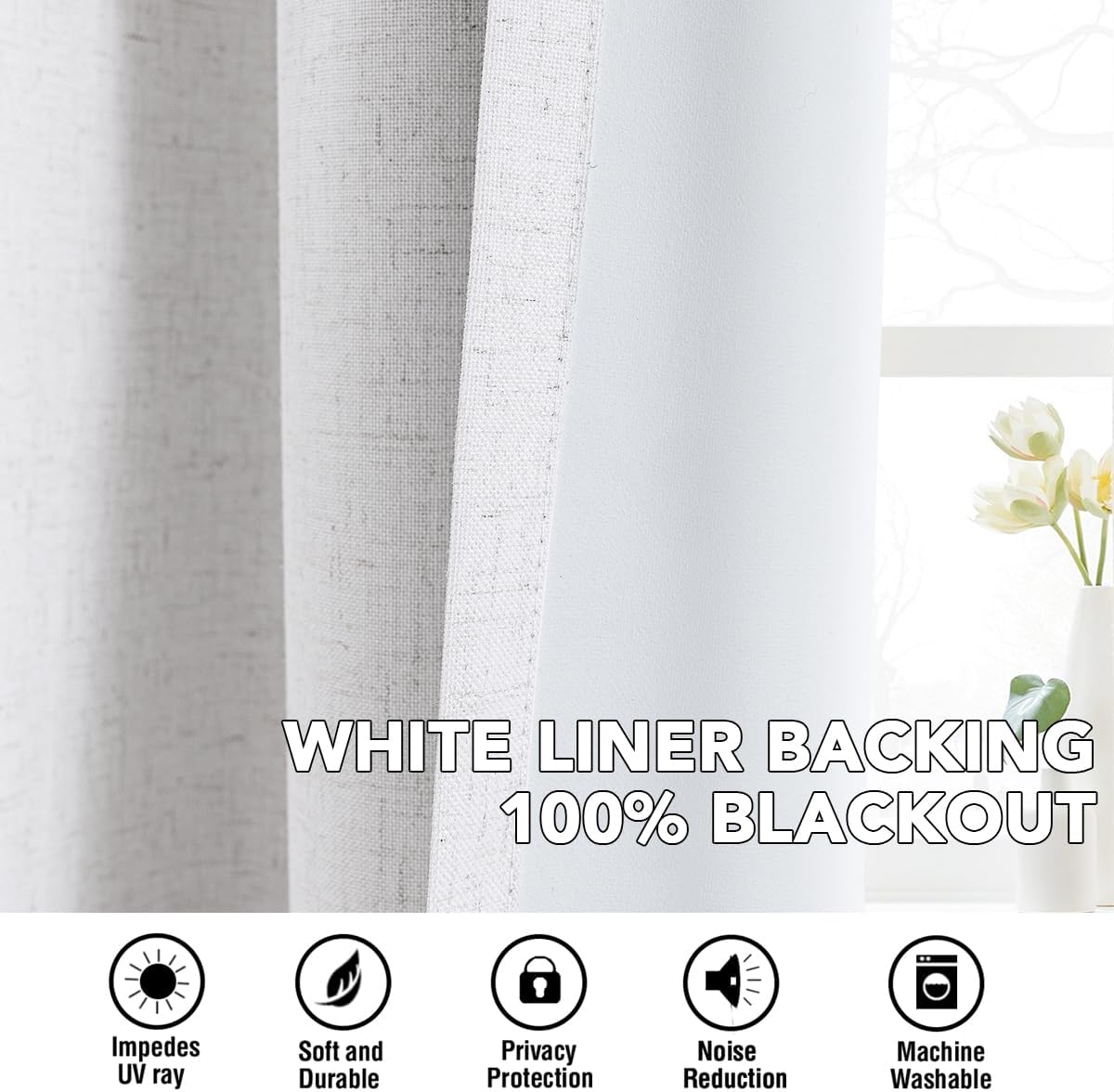 H.VERSAILTEX Linen Curtains 100% Blackout Curtains for Bedroom 84 inch Long Full Light Blocking Nature Linen Blended Window Curtains for Living Room Nickel Grommet (2 Panels, Heathered White)