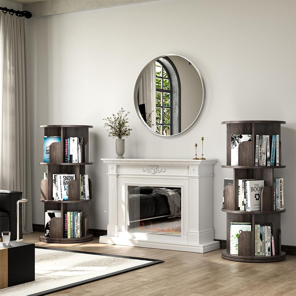 Nidouillet Rotating Bookshelf, Revolving Bookcase 360 Display Round Bookshelf Narrow Swivel Corner Book Shelf Standing Bookcase for Adult Bedroom, Living Room (Oak Grey, 3 Tier)