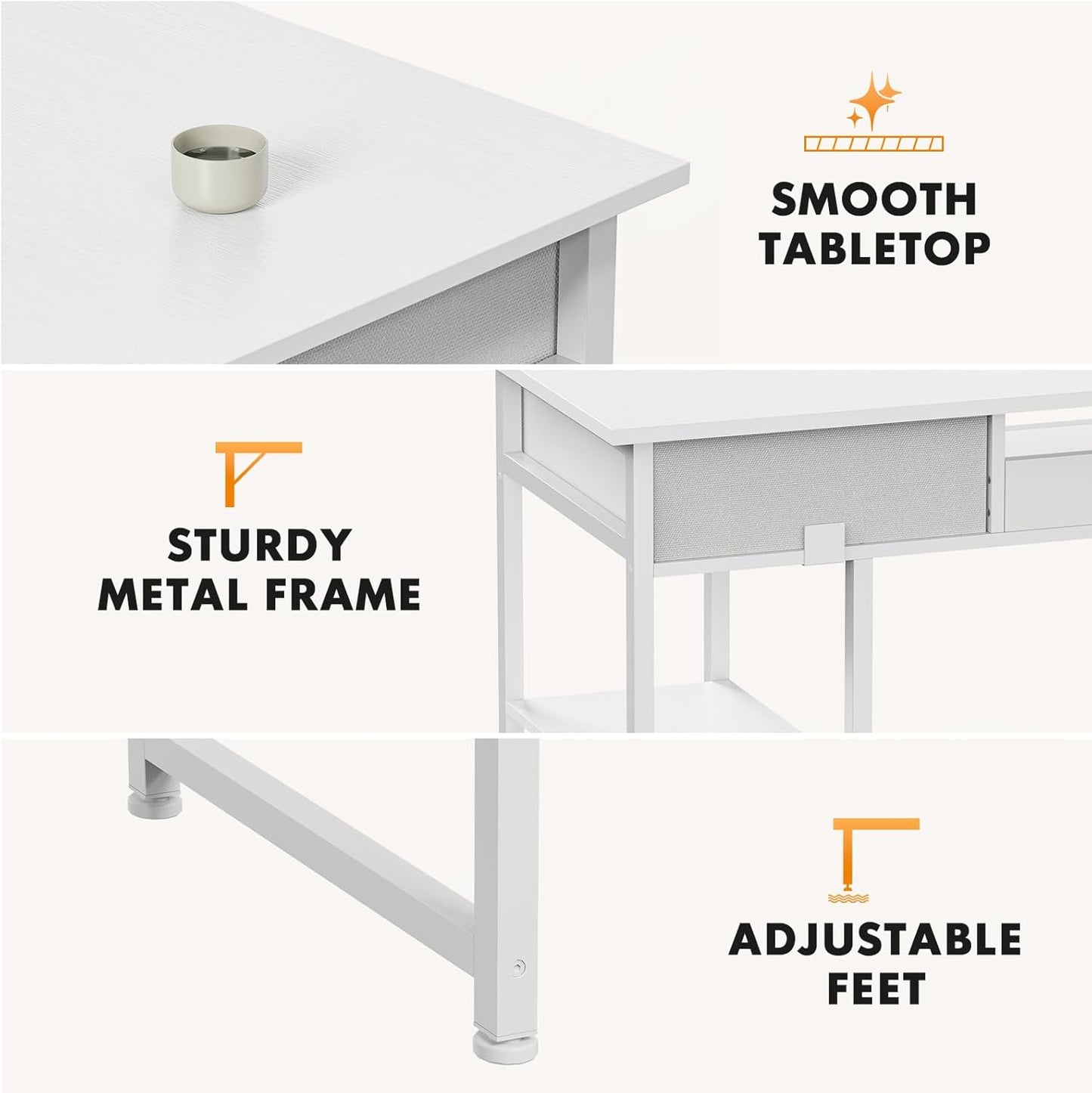 Whitmor Computer Desk - 48 Inch Home Office Study Writing Table with 2 Fabric Drawers, Storage Shelves, Side Bag, Headphone Hook, White