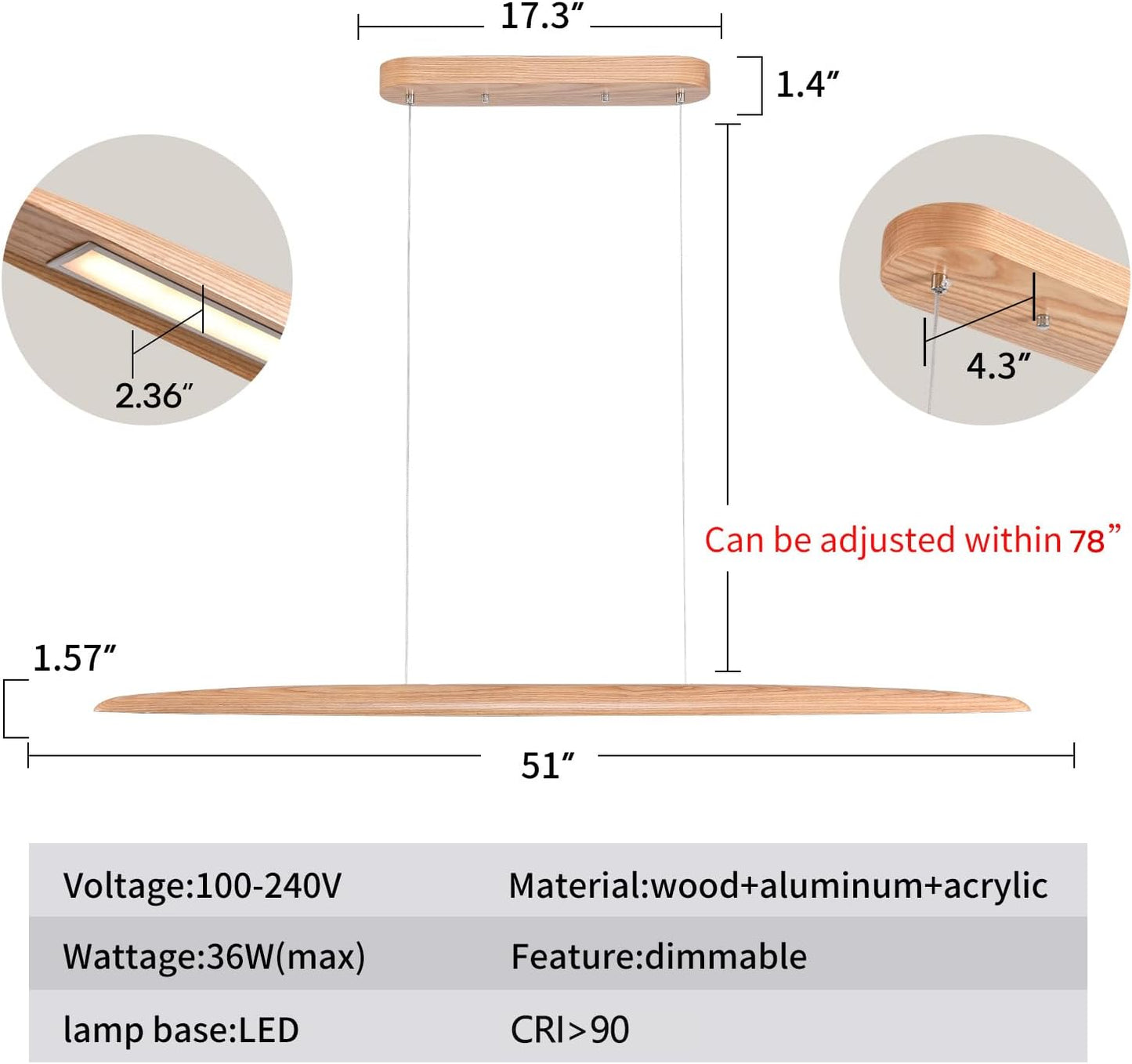 51" 36W Wood LED Linear Pendant Light Fixture Led Dining Room Light Dimmable Hanging Light Fixture for Dining Room Kitchen Island Pool Table Lights Natural Ash