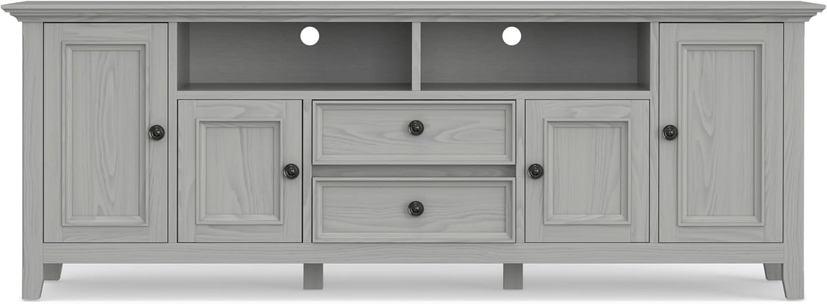 SIMPLIHOME Amherst 72-inch Wide Solid Wood TV Stand in Fog Grey, Transitional-Style Media Console for Living Room with Cable Management and Adjustable Shelves, Fits 80" TVs