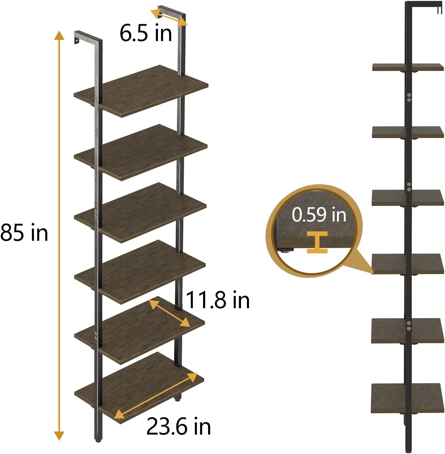 Ladder Shelf Black 6 Tiers Modern Bookshelf Room Organizer Open Tall Wall Mount Bookcase Standing Leaning Wall Shelves Industrial Decorative Living Room Bed Room (Brown)