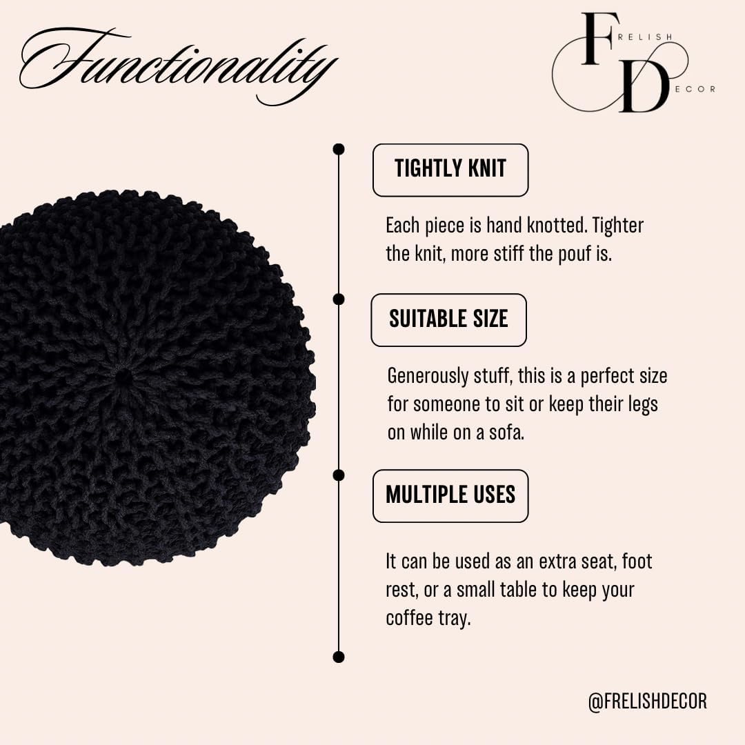 FRELISH DECOR Round Pouf Ottoman Hand Knitted 100% Cotton Pouf Foot Stool - Knitted Bean Bag - Floor Chair for Living Room Bedroom - Foot Rest for Couch (20 Diameter x 14 Height) - Black