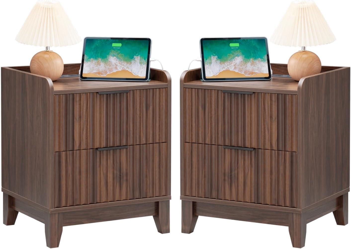 Wnutrees Fluted Nightstand with Charging Station, Modern Bedside Table with 2 Drawers, Farmhouse Wooden End Side Table for Living Room, 2Pack, Brown