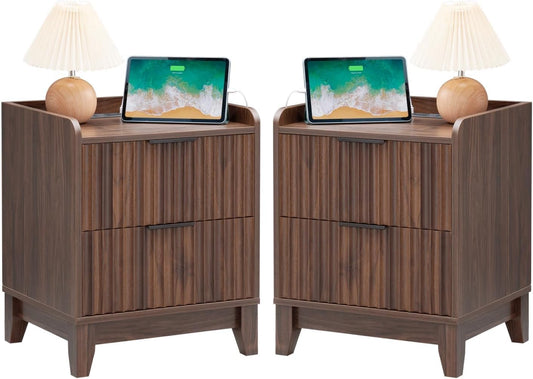 Wnutrees Fluted Nightstand with Charging Station, Modern Bedside Table with 2 Drawers, Farmhouse Wooden End Side Table for Living Room, 2Pack, Brown