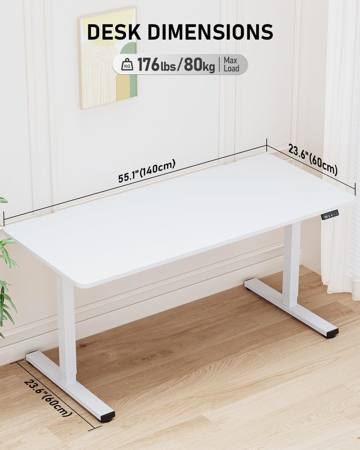 Standing Desk, Large Height Adjustable Electric Stand up Desk, 55 x 24 Inches Sit Stand Home Office Desk, with Splice Board, White Frame/White Top