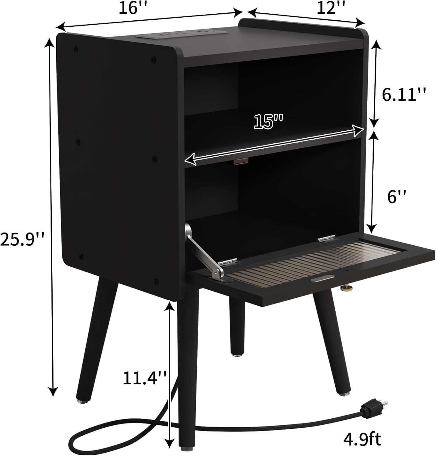 Mid Century Modern Nightstand with Charging Station, Bedside Tables with Glass Decorative Door, End Table Side Table with 2 Tiers Storage Space, for Bedroom, Living Room, Black
