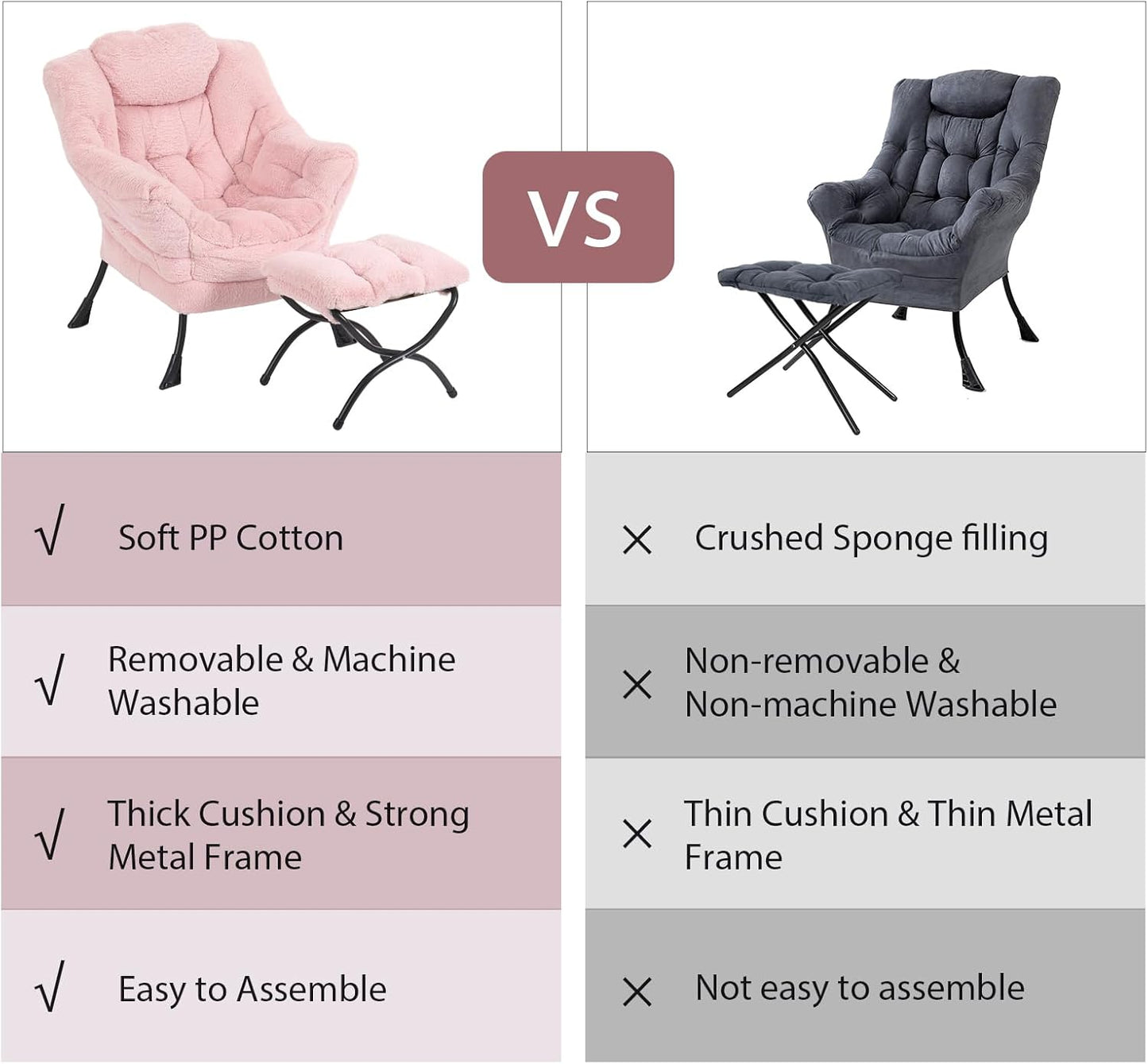Lazy Chair with Ottoman, Modern Chair with Folding Footrest, Lounge Accent Chair, Comfortable Reading Chair, Oversized Armchairs for Bedroom, Study, Living Room(Plush Pink)