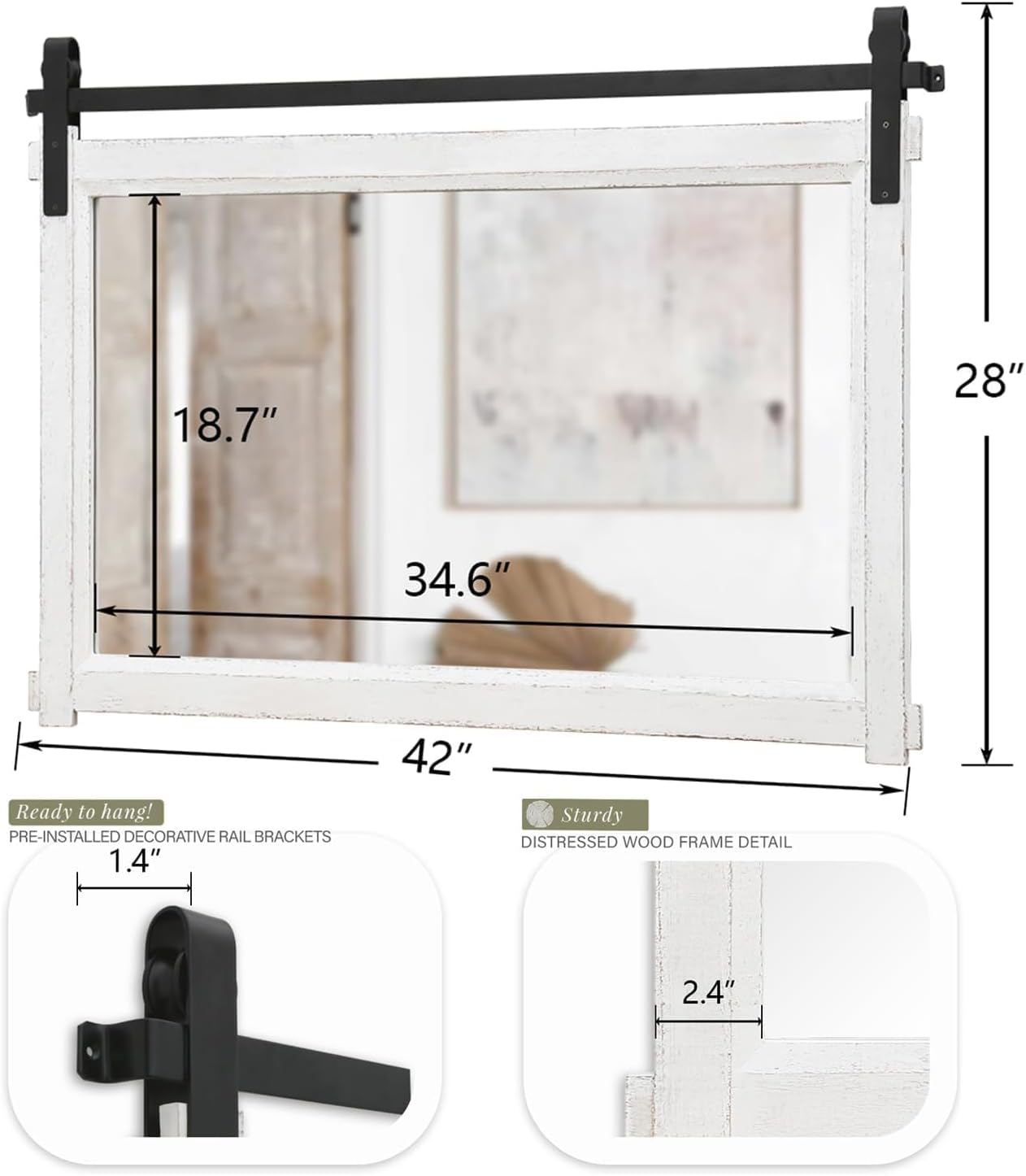 Bathroom Barn Door Mirror: 42"x28" White Farmhouse Wood Frame - Rustic Wall Mirror for Entryway/Living Room Wall Decor