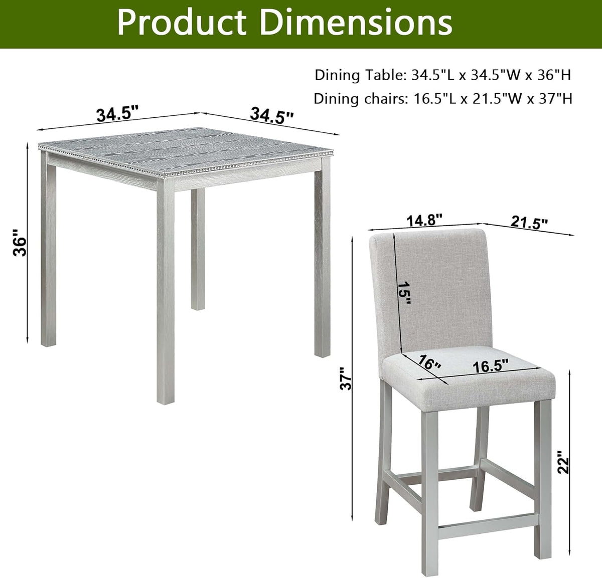 KEIKI 5-Piece Counter Height Dining Table Set with Square Table and 4 Upholstered Chair, for 4 Person, Modern Crystal Decoration Wooden Table Set, Easy Assembly, for Kitchen, Dining Room, Silver Grey
