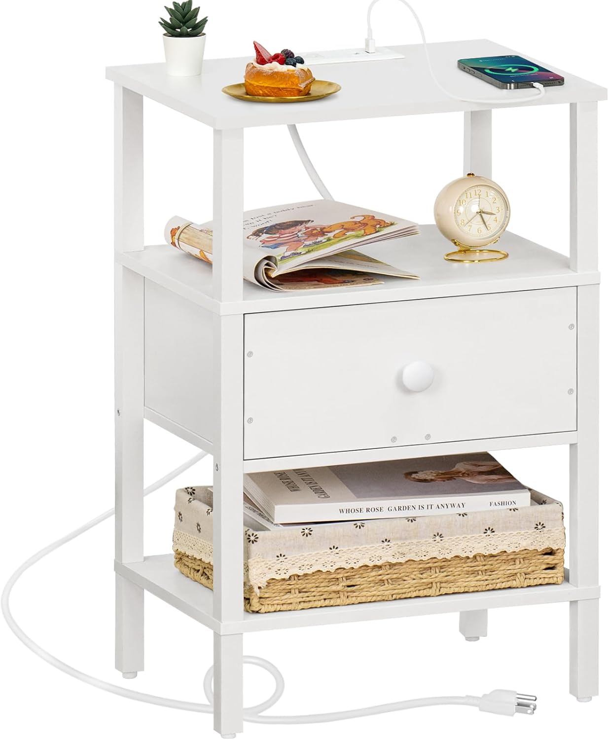 Lerliuo Nightstand with Charging Station and USB Ports, 3-Tier Storage End Table with Drawer Shelf, Night Stand for Small Spaces, Wood Bedside Table for Living Room, Bedroom - Elegant White