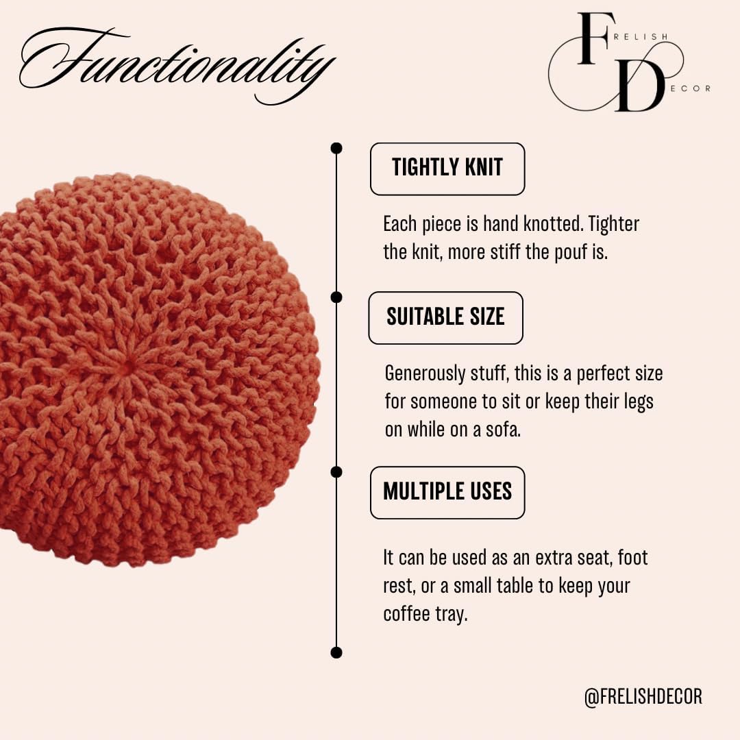 FRELISH DECOR Round Pouf Ottoman Hand Knitted 100% Cotton Pouf Foot Stool - Knitted Bean Bag - Floor Chair for Living Room Bedroom - Foot Rest for Couch (20 Diameter x 14 Height) - Rust
