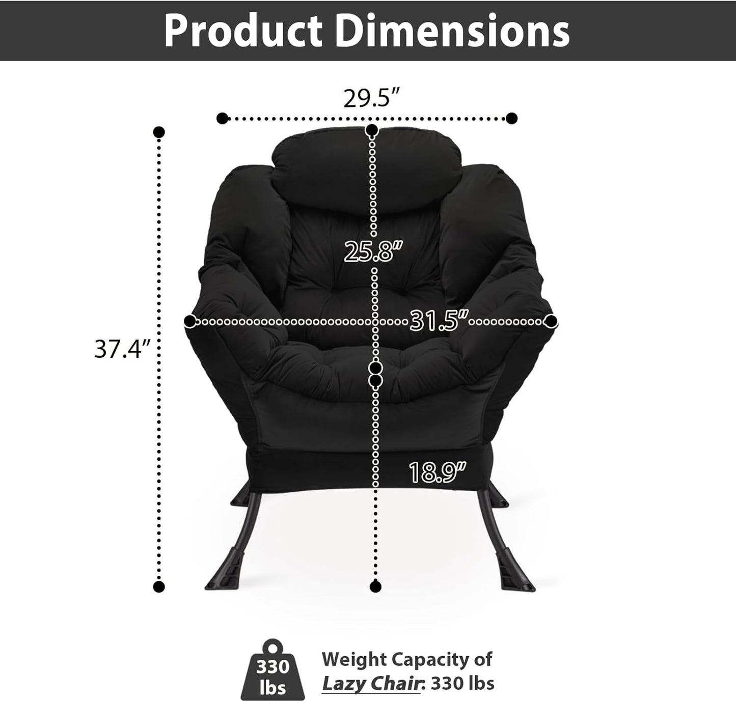 Lazy Chair Thick Padded, Comfy Velvet Accent Lounge Chair with Stable Frame, Leisure Sofa Armchair with Armrests and Side Pocket, Reading Chair for Bedroom, Living Room, Office, Black