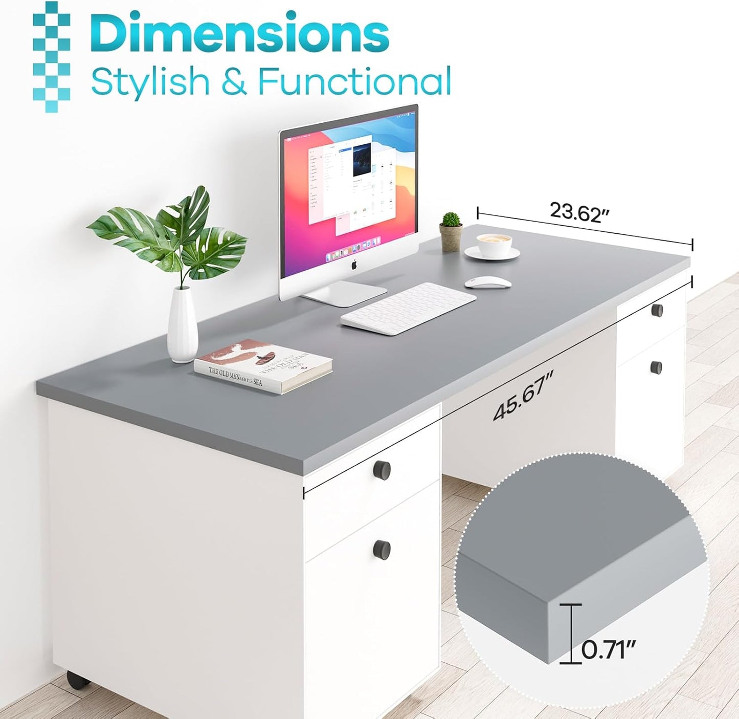 Kaboon 45.67"x23.62" Universal Table Top, Solid One-Piece Desktop, Reversible Melamine Countertop, Double Desks, L-Desk DIY,Gray