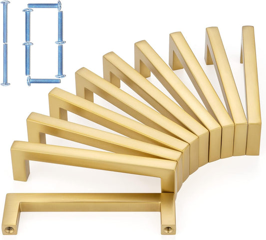 KOOFIZO Solid Square Bar Cabinet Handle - Brushed Gold Furniture Pull, 3.8 Inch/96mm Screwhole Distance, 10-Pack for Kitchen Cupboard Door, Bedroom Dresser Drawer, Bathroom Wardrobe Hardware