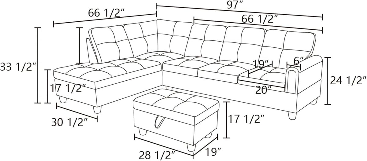 L-Shaped Sectional Sofa with Ottoman, Right-Facing Leather Modern Couch with Cup Holder for Living Room, Bedroom, Office, Persistent Pink