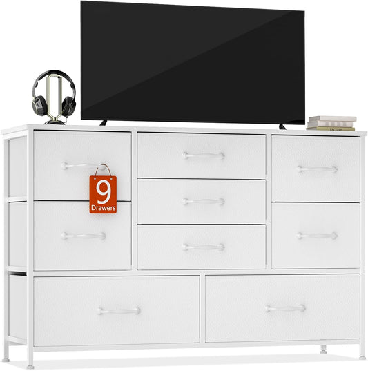 Furnulem Dresser for Bedroom with 9 Fabric Drawers for 55'' Long TV Stand Entertainment Center & Chests of Drawers, Wide Dresser Storage for Living Room, Dorm, Entryway, Sturdy Metal Frame, White