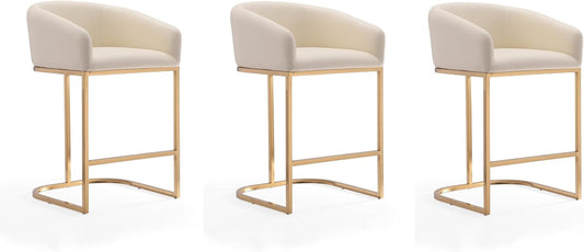 Manhattan Comfort Louvre 26 Inch Mid Century Modern Counter Height Bar Stools - Elegant Faux Leather Padded Seat, Stainless Steel Base with Footrest, Fully Assembled Barstools, Set of 3, Cream