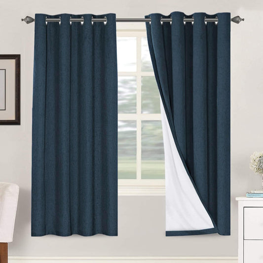 H.VERSAILTEX Linen Blackout Curtains 72 Inches Long 100% Absolutely Blackout Thermal Insulated Textured Linen Look Curtain Draperies Anti-Rust Grommet, Energy Saving with White Liner, 2 Panels, Navy