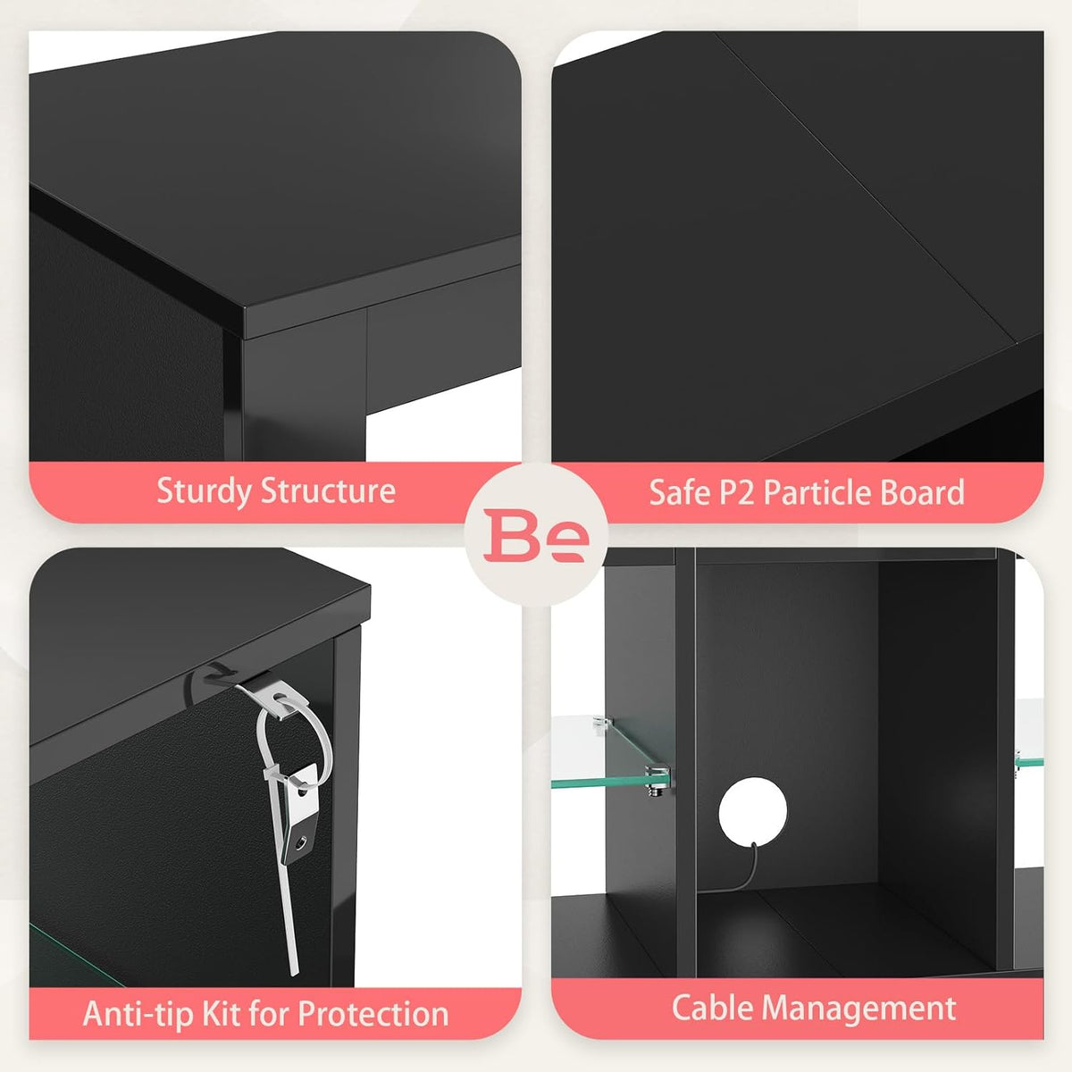 Bestier Modern TV Stand for 65 inch TV with LED Lights, High Gloss Entertainment Console Table with Storage Shelves for Living Room in Glossy Black