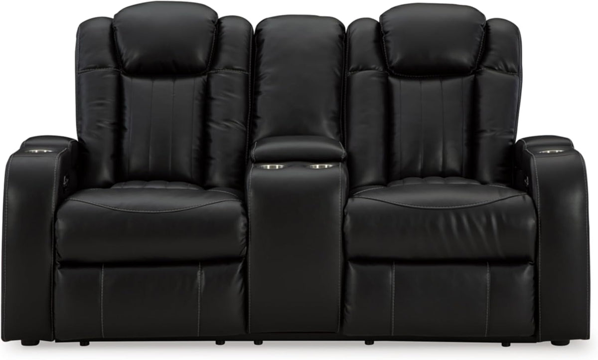 Signature Design by Ashley Caveman Den Modern Faux Leather Power Reclining Loveseat with Console, Adjustable Headrest and LED Lights, Black