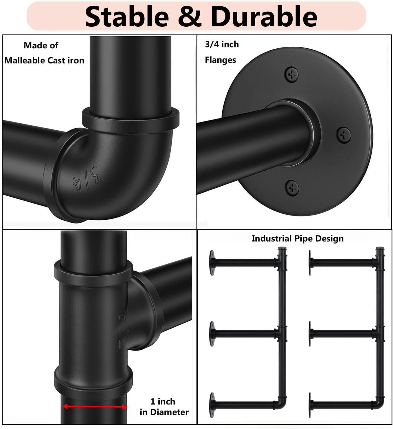 Industrial Pipe Shelf Brackets Wall Mount, Open Black Pipe Shelving for Kitchen,Floating Shelf Brackets Mount,Open Bookshelf Brackets for Shelves,Wall Shelves 12 Inch Deep,(2PcsX3Tier,32" Tall)