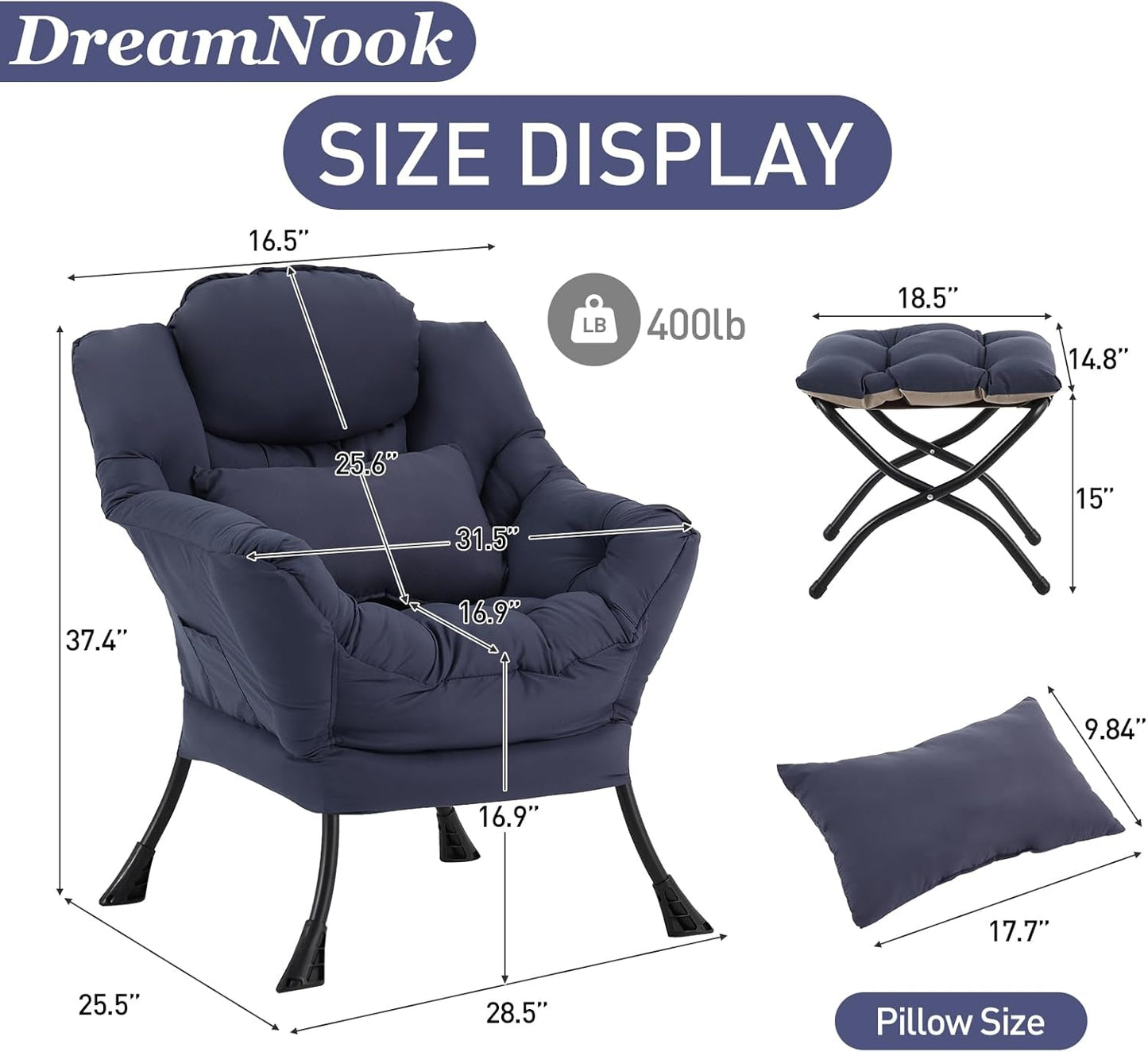 Lazy Chair with Ottoman, Modern Accent Chair with Lumbar Pillow, Comfy Chairs with Folding Footrest for Bedroom, Reading, Oversized Supportive Lounge Chairs(Navy Blue)