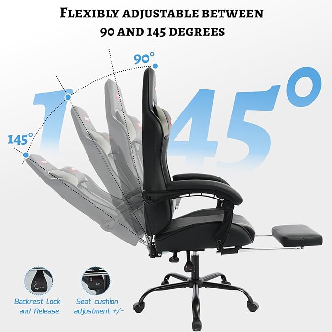 Ergonomic Gaming Chair with Footrest and Lumbar Massage, Racing Office Chair, High Back Computer Desk Chair with Headrest Pillow for Adults, Video Game Chair for PC Gamer (1001-Gray)