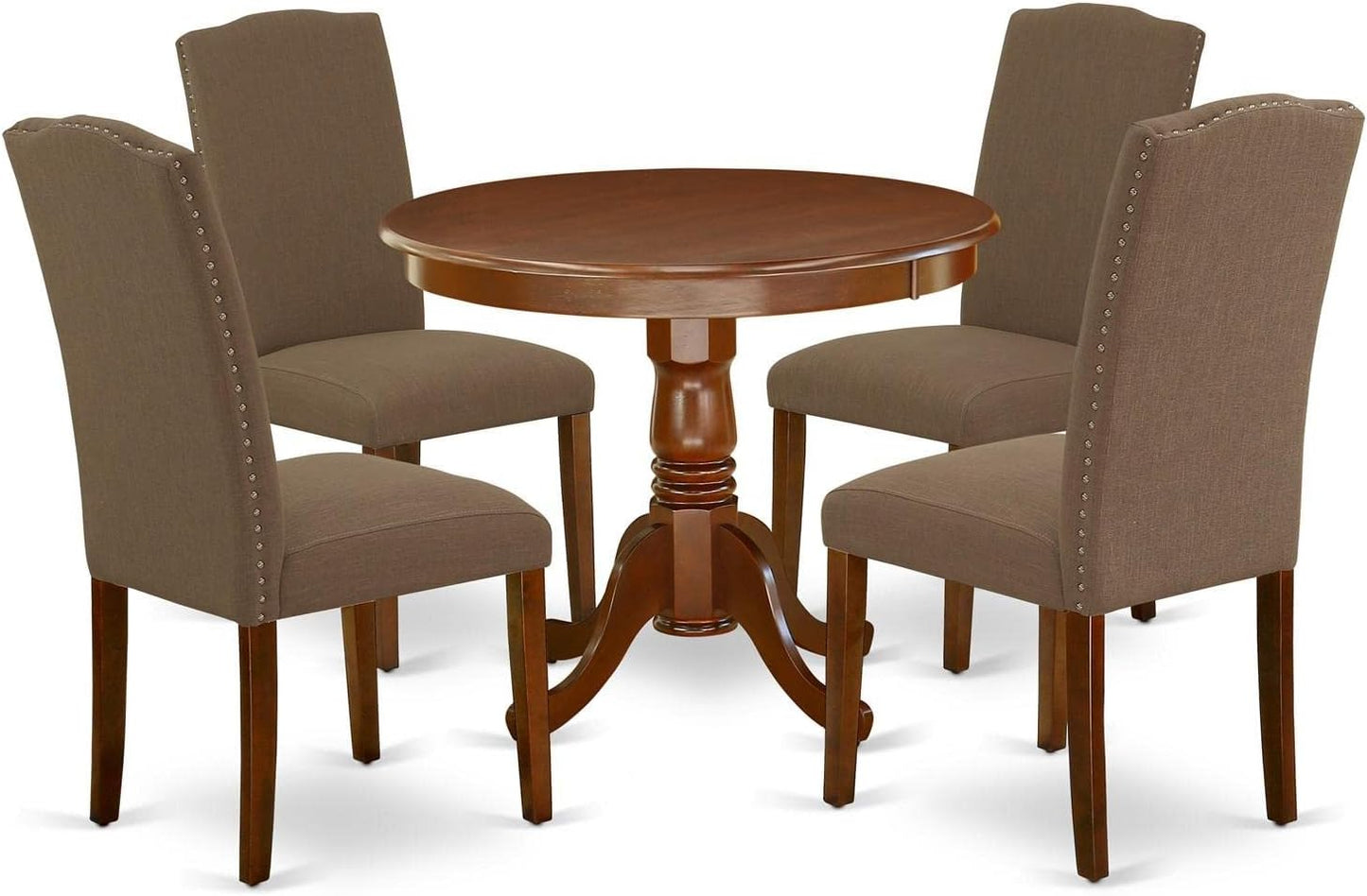 East West Furniture ANEN5-MAH-18 5 Piece Dining Table Set for 4 Includes a Round Kitchen Table with Pedestal and 4 Dark Coffee Linen Fabric Parson Dining Chairs, 36x36 Inch, Mahogany
