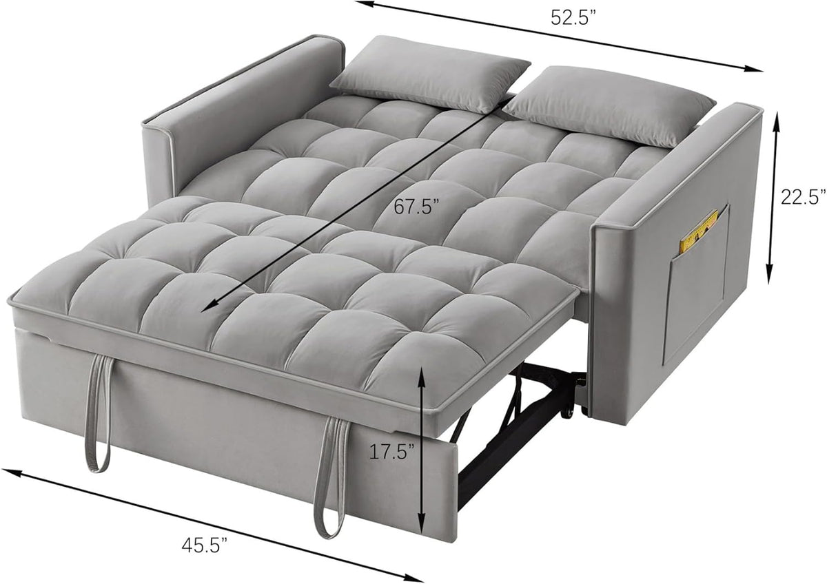 KEIKI Velvet Loveseat Convertible Sofa Bed Sleeper Chair with Adjustable Backrest, Pillows & Storage Pockets, 3 in 1 Pull-Out Couch Chaise Lounge Recliner for Living Room Balcony Bedroom, Grey
