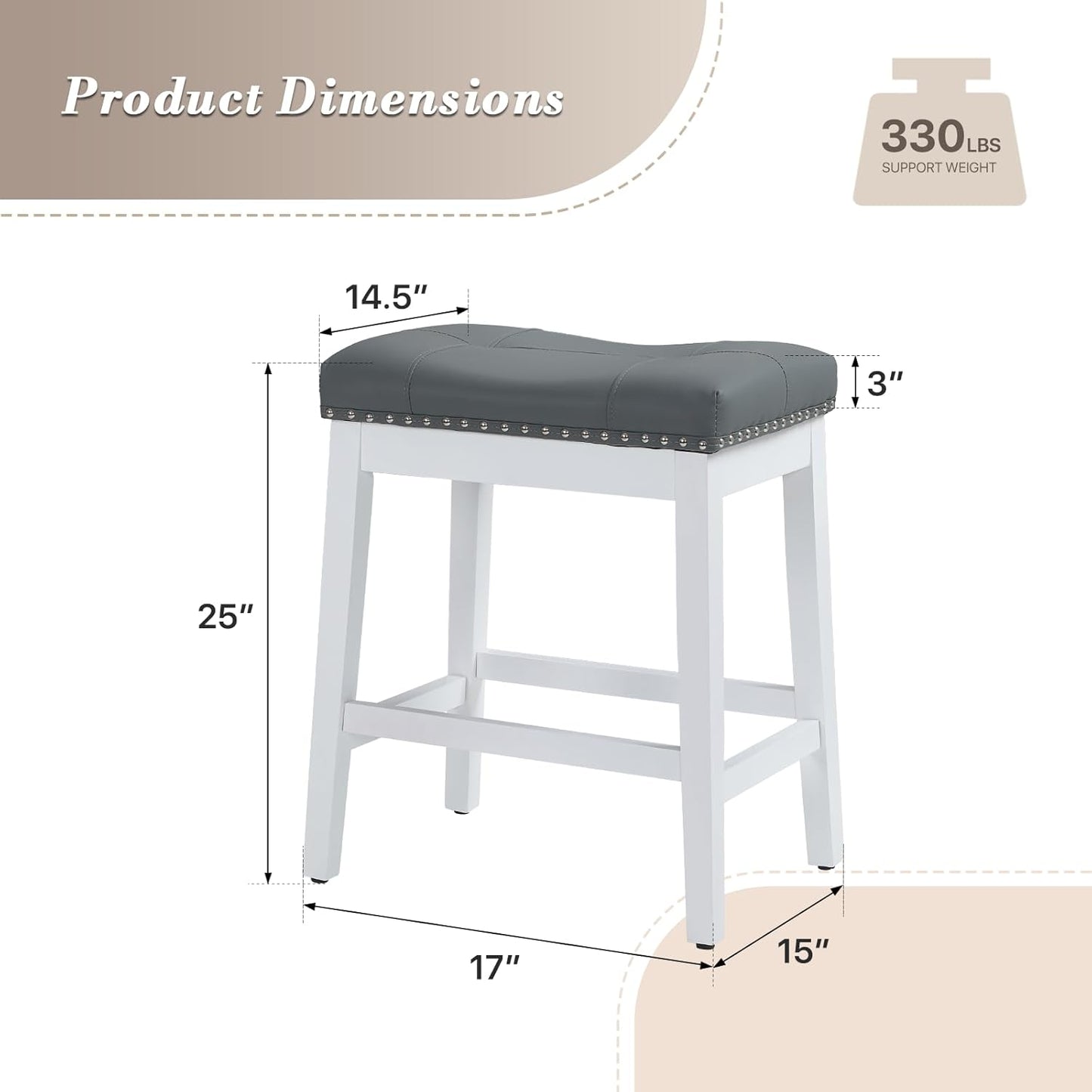 Athena Collection Bar Stools Set of 2, 25 Inches Counter Height Bar Stools Backless with Footrest, Leather Upholstered Saddle Barstools with Nailhead Trim for Kitchen Island, Counter, Grey White