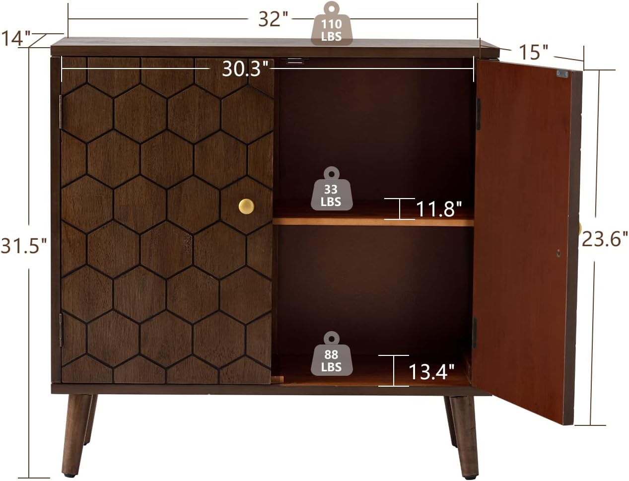 COSIEST Set of 3 32" Storage Sideboards with Doors, Accent Cabinets with Magnetic Push-to-Open Doors, Brown Honeycomb Pattern, Entryway Console for Living Room, Kitchen, Hallway
