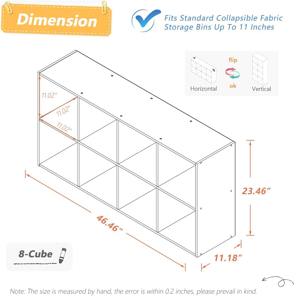 8 Cube Organizer Bookcase - Fabric Storage Bins Container, Open Shelf Simple Compartments Bookshelf, Oak
